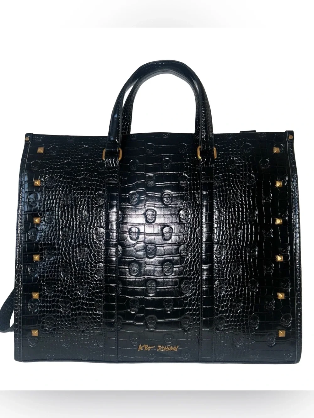 Betsey Johnson NWT Black Croc Skull Embossed Tote Bag & Gold Skull Charm (P234)